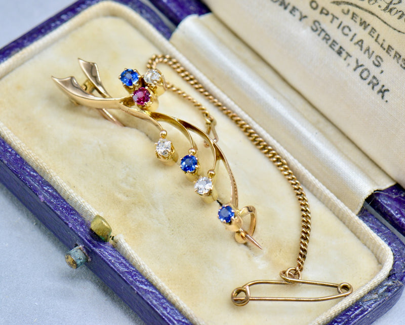 Edwardian Old Mine Cut Diamond Sapphire & Ruby 15ct Yellow Gold Clover Leaf Brooch With Safety Chain