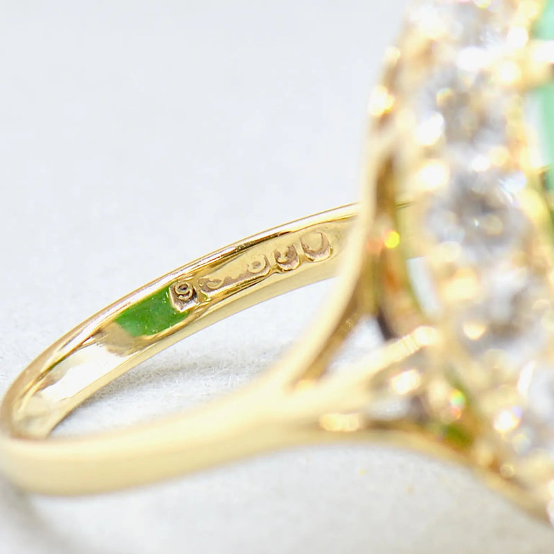 Vintage 1960s Large Mossy Green Jadeite & White Zircon Cluster Dress Ring in 9ct Yellow Gold