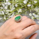 Vintage 1960s Large Mossy Green Jadeite & White Zircon Cluster Dress Ring in 9ct Yellow Gold