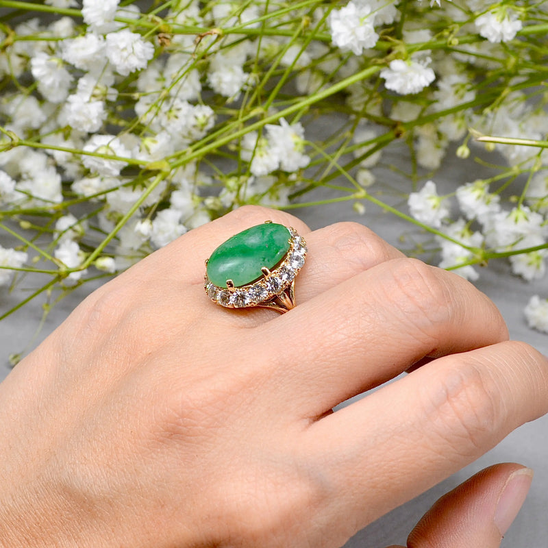 Vintage 1960s Large Mossy Green Jadeite & White Zircon Cluster Dress Ring in 9ct Yellow Gold Resize to N Vintage 1960s Large Mossy Green Jadeite & White Zircon Cluster Dress Ring in 9ct Yellow Gold Resize to N