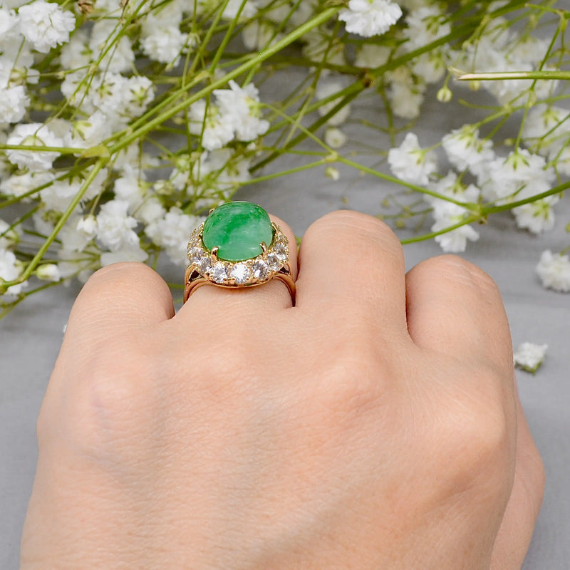 Vintage 1960s Large Mossy Green Jadeite & White Zircon Cluster Dress Ring in 9ct Yellow Gold