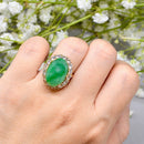Vintage 1960s Large Mossy Green Jadeite & White Zircon Cluster Dress Ring in 9ct Yellow Gold