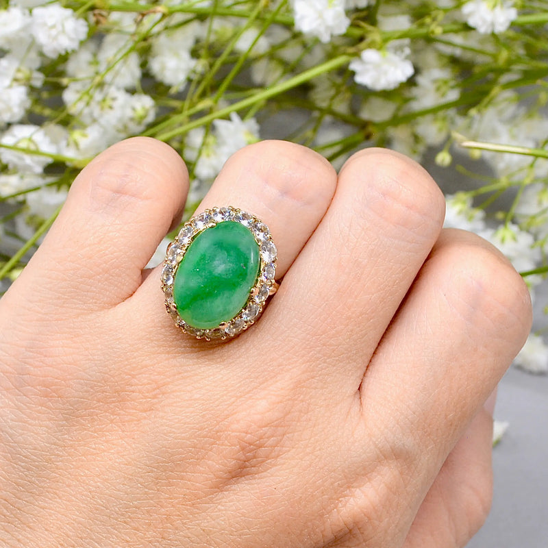 Vintage 1960s Large Mossy Green Jadeite & White Zircon Cluster Dress R Vintage 1960s Large Mossy Green Jadeite & White Zircon Cluster Dress R