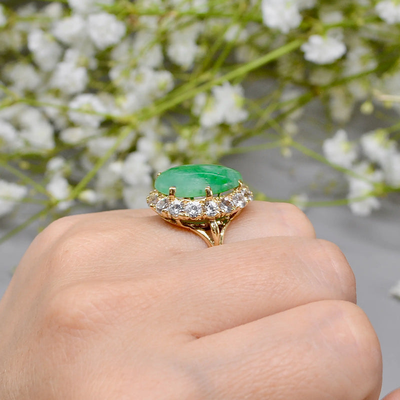 Vintage 1960s Large Mossy Green Jadeite & White Zircon Cluster Dress Ring in 9ct Yellow Gold