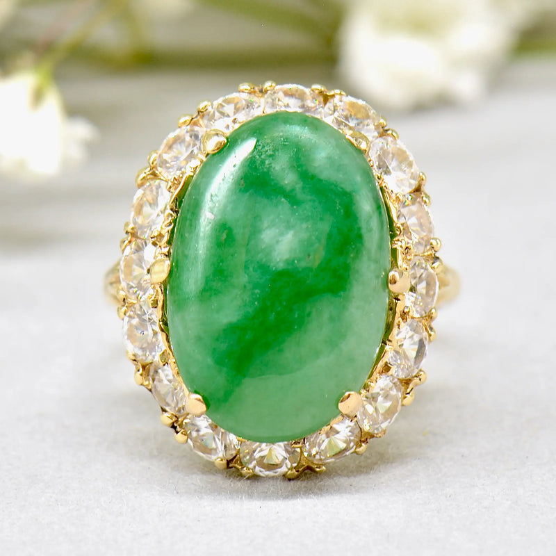 Vintage 1960s Large Mossy Green Jadeite & White Zircon Cluster Dress Ring in 9ct Yellow Gold