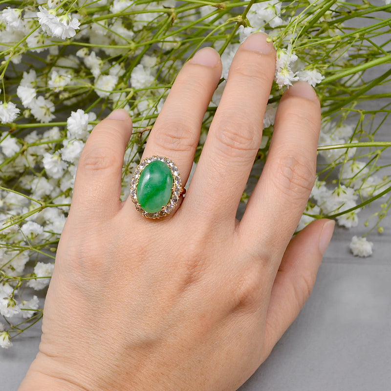 Vintage 1960s Large Mossy Green Jadeite & White Zircon Cluster Dress Ring in 9ct Yellow Gold