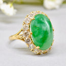 Vintage 1960s Large Mossy Green Jadeite & White Zircon Cluster Dress Ring in 9ct Yellow Gold