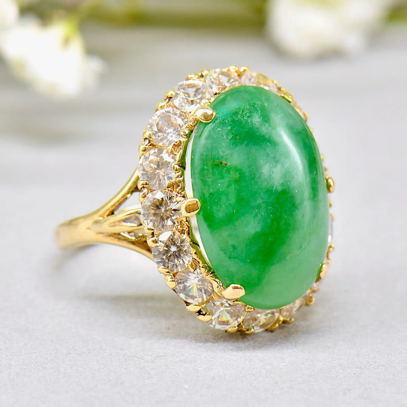 Vintage 1960s Large Mossy Green Jadeite & White Zircon Cluster Dress Ring in 9ct Yellow Gold