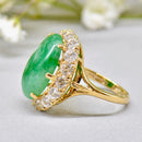 Vintage 1960s Large Mossy Green Jadeite & White Zircon Cluster Dress Ring in 9ct Yellow Gold