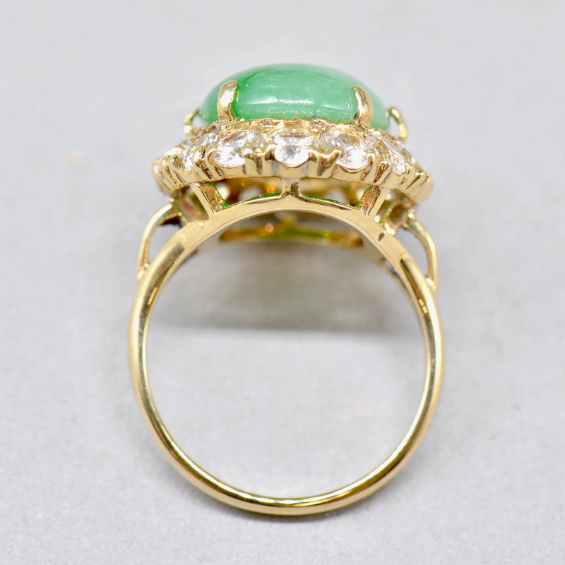 Vintage 1960s Large Mossy Green Jadeite & White Zircon Cluster Dress Ring in 9ct Yellow Gold