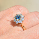 Vintage 1990s Cornflower Blue Sapphire & Diamond 18ct Yellow Gold Halo Daisy Engagement Ring (1.42cts)