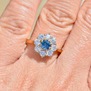 Vintage 1990s Cornflower Blue Sapphire & Diamond 18ct Yellow Gold Halo Daisy Engagement Ring (1.42cts)