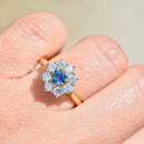 Vintage 1990s Cornflower Blue Sapphire & Diamond 18ct Yellow Gold Halo Daisy Engagement Ring (1.42cts)