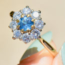 Vintage 1990s Cornflower Blue Sapphire & Diamond 18ct Yellow Gold Halo Daisy Engagement Ring (1.42cts)