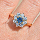Vintage 1990s Cornflower Blue Sapphire & Diamond 18ct Yellow Gold Halo Daisy Engagement Ring (1.42cts)