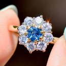 Vintage 1990s Cornflower Blue Sapphire & Diamond 18ct Yellow Gold Halo Daisy Engagement Ring (1.42cts)