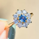 Vintage 1990s Cornflower Blue Sapphire & Diamond 18ct Yellow Gold Halo Daisy Engagement Ring (1.42cts)