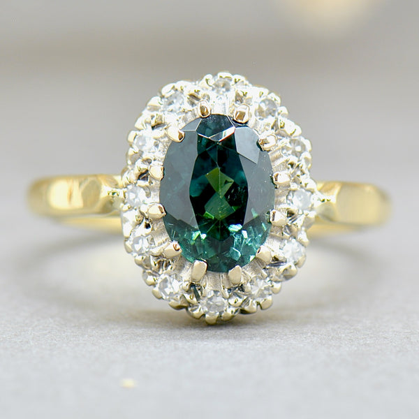 1970s Teal Tourmaline and Diamond 18CT Yellow Gold Halo Engagement Ring (1.54cts)