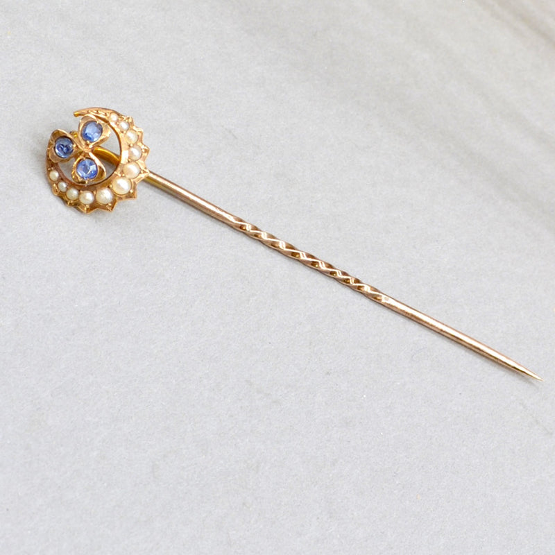 Antique Sapphire and Seed Pearl Crescent Infinity Knot Stick Pin/Lapel Pin/Tie Pin Boxed