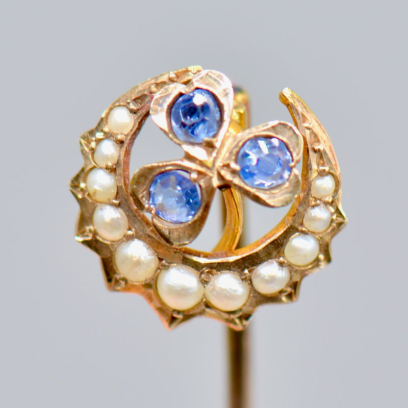 Antique Sapphire and Seed Pearl Crescent Infinity Knot Stick Pin/Lapel Pin/Tie Pin Boxed