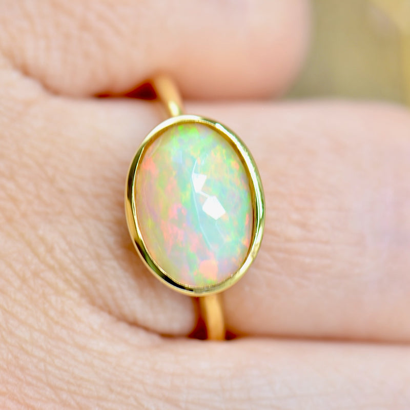 Ethiopian Opal Cabochon Gold Plated Silver Bezel Set Ring (1.76 Carats)