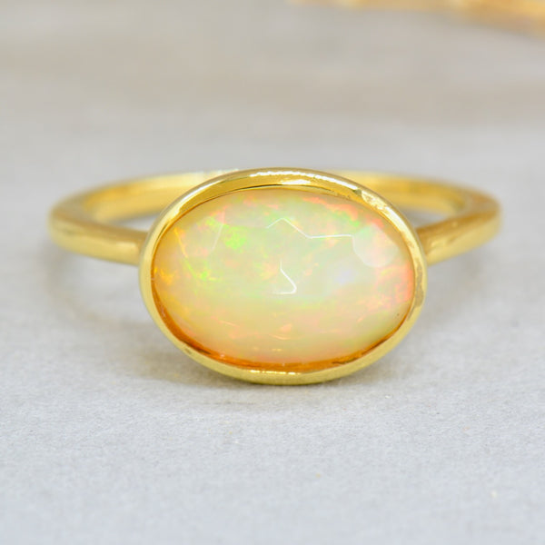 Ethiopian Opal Cabochon Gold Plated Silver Bezel Set Ring (1.76 Carats)