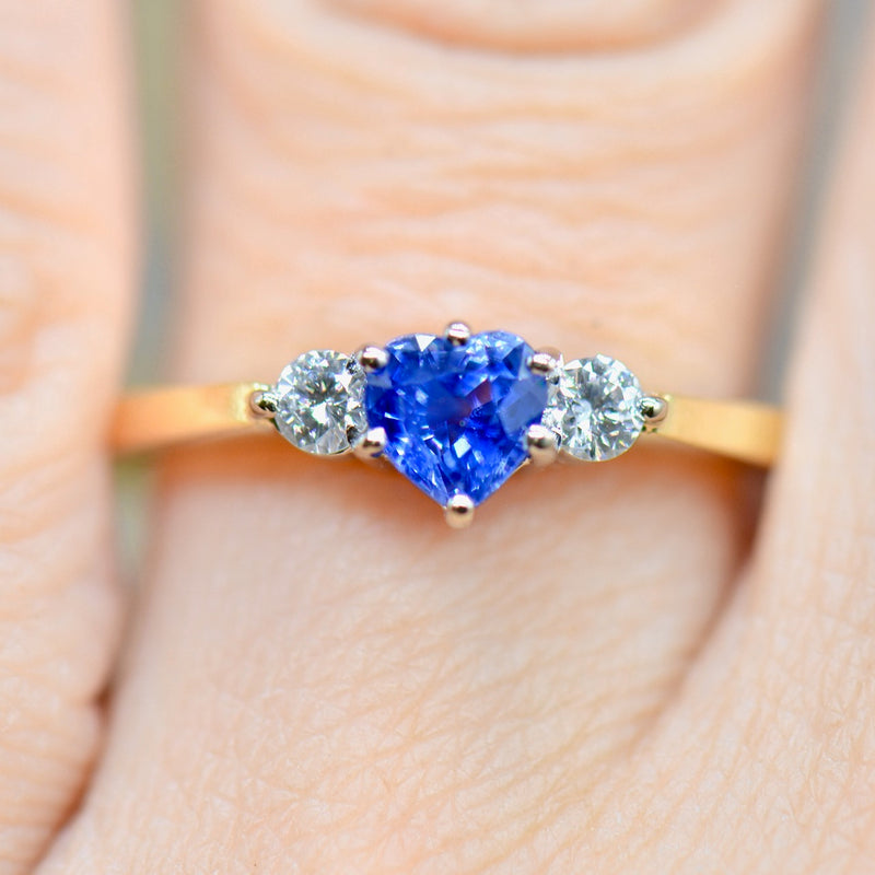 1980s Cornflower Blue Heart Shaped Sapphire & Diamond 18ct Yellow Gold Trilogy Ring (0.83ct)