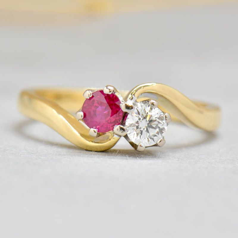 Toi et Moi Ruby and Diamond 18ct Yellow Gold Cross-Over Ring (0.56ct)
