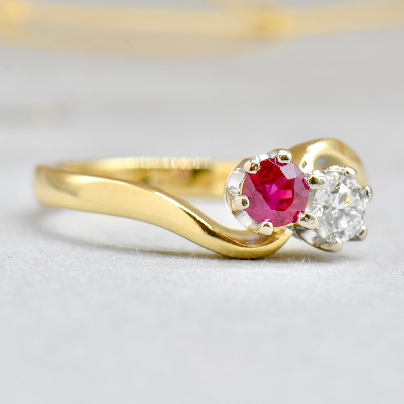 Toi et Moi Ruby and Diamond 18ct Yellow Gold Cross-Over Ring (0.56ct)