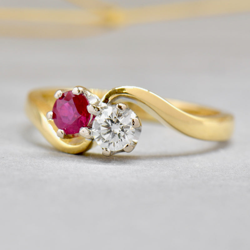 Toi et Moi Ruby and Diamond 18ct Yellow Gold Cross-Over Ring (0.56ct)