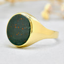 Vintage 1980s Bloodstone 9ct Yellow Gold Mens Oval Signet Ring