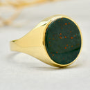 Vintage 1980s Bloodstone 9ct Yellow Gold Mens Oval Signet Ring