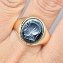 Vintage 1960s Hematite Intaglio 9ct Yellow Gold Mens Signet Ring