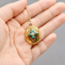 Antique Victorian Forget-me-not Locket Pendant | Seed Pearl & Turquoise | 9ct Yellow & Rose Gold Front and Back