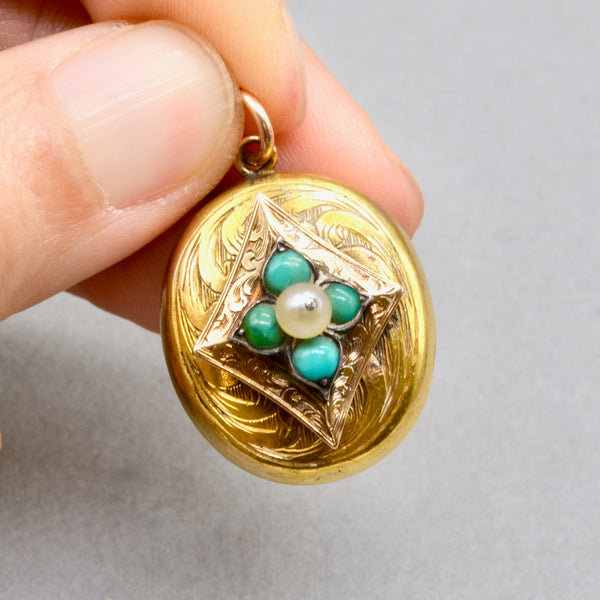 Antique Victorian Forget-me-not Locket Pendant | Seed Pearl & Turquoise | 9ct Yellow & Rose Gold