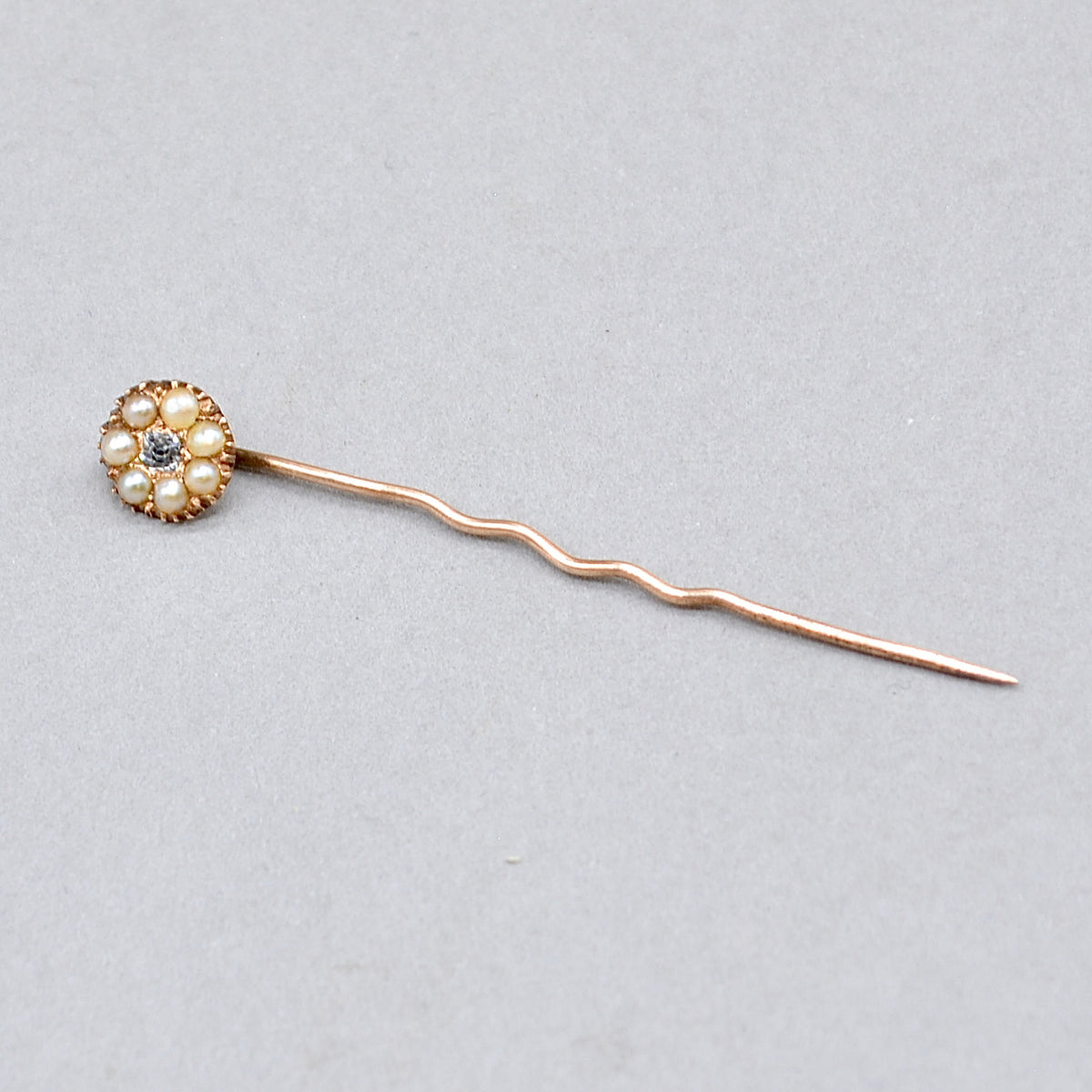 Victorian Seed Pearl & Old-Cut Light Blue Diamond 9ct Rose Gold Stick