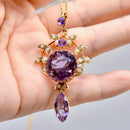 Antique Art Nouveau Amethyst and Seed Pearl 14ct Yellow Gold Lavalier Pendant (12.48ct)