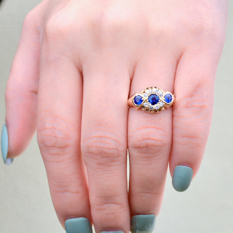 Edwardian 1912 Royal Blue Sapphire and Diamond Triple Cluster 18ct Yellow Gold Ring (0.75ct)
