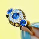 Edwardian 1912 Royal Blue Sapphire and Diamond Triple Cluster 18ct Yellow Gold Ring (0.75ct)