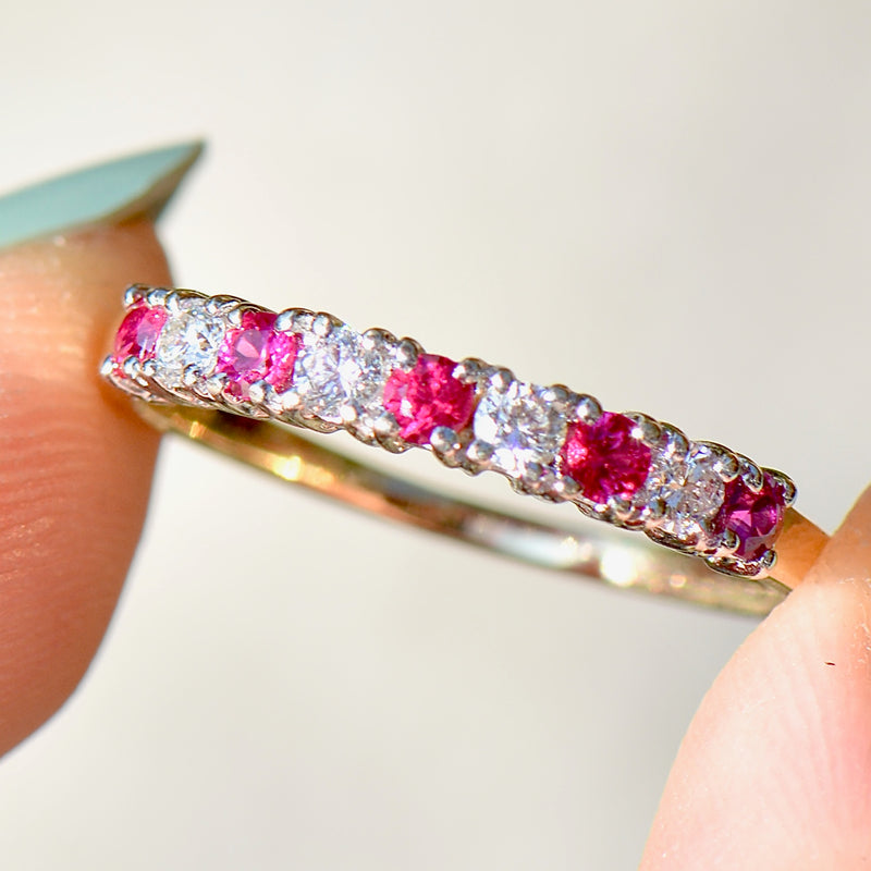 Vintage Ruby and Diamond 18ct Yellow Gold Half Eternity Ring
