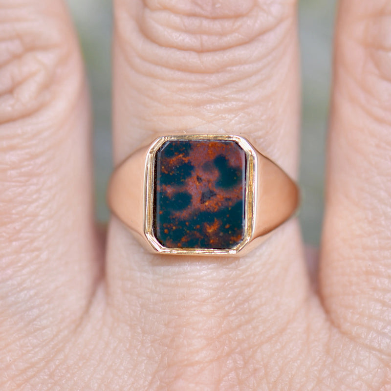 レクタングルブラッドストーン 9Kイエローゴールド シグネットリング