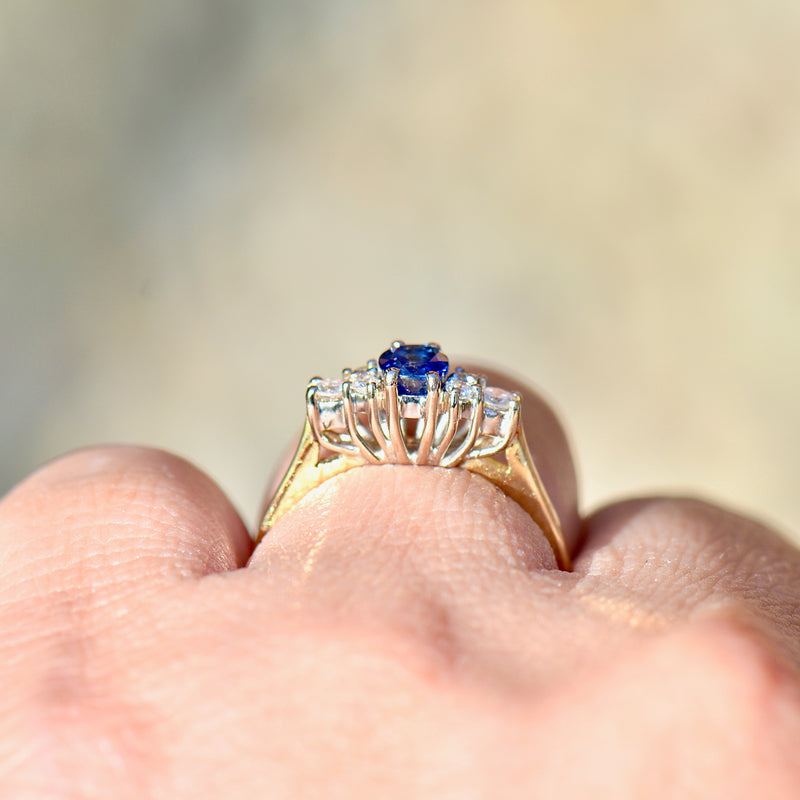 Vintage 1980s Royal Blue Sapphire and Diamond 18ct Yellow Gold Engagem