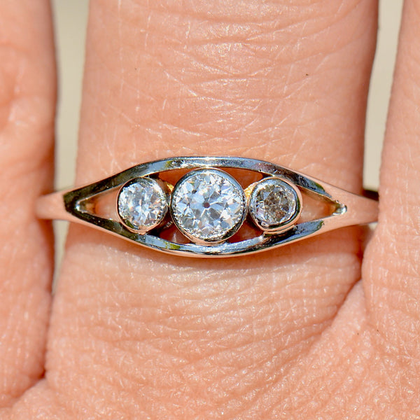Edwardian Old-Cut Diamond Trilogy Bezel Set 18ct Yellow Gold & Platinum Ring (0.30ct)