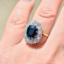 Vintage 1970s Large Sapphire and Diamond 18ct Yellow Gold Halo Ring (4.30cts)