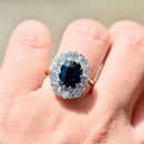 Vintage 1970s Large Sapphire and Diamond 18ct Yellow Gold Halo Ring (4.30cts)