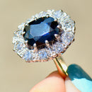 Vintage 1970s Large Sapphire and Diamond 18ct Yellow Gold Halo Ring (4.30cts)