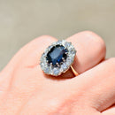 Vintage 1970s Large Sapphire and Diamond 18ct Yellow Gold Halo Ring (4.30cts)