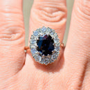 Vintage 1970s Large Sapphire and Diamond 18ct Yellow Gold Halo Ring (4.30cts)
