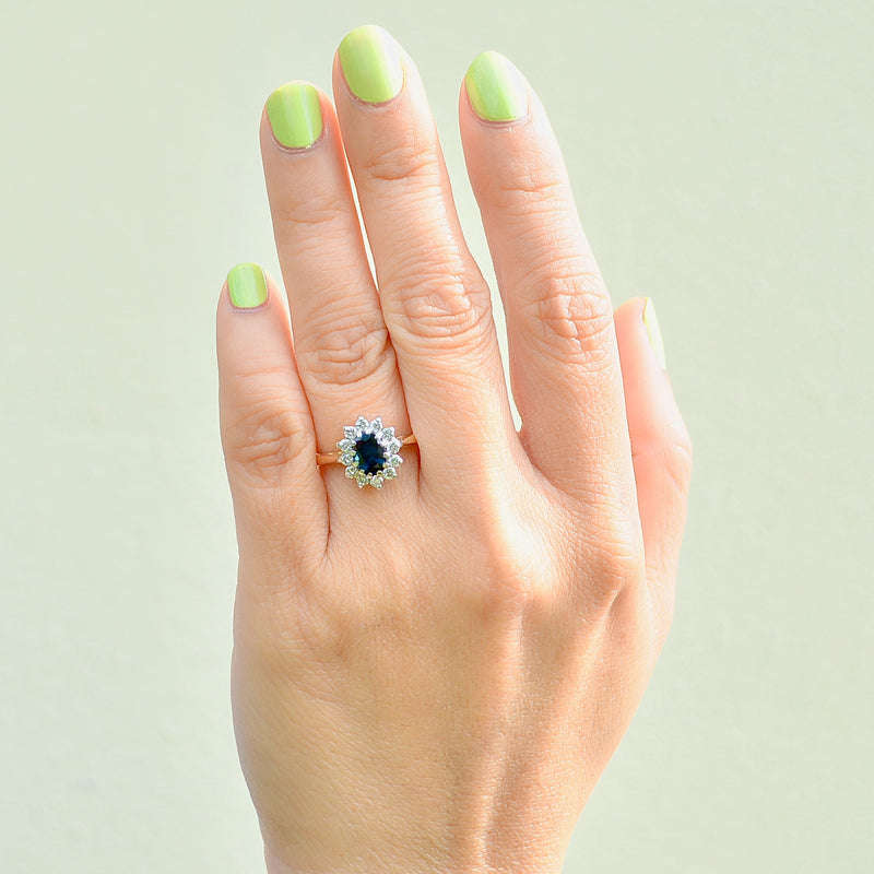 Vintage 1990s Sapphire and Diamond 18ct Yellow Gold Halo Ring (1.24cts)