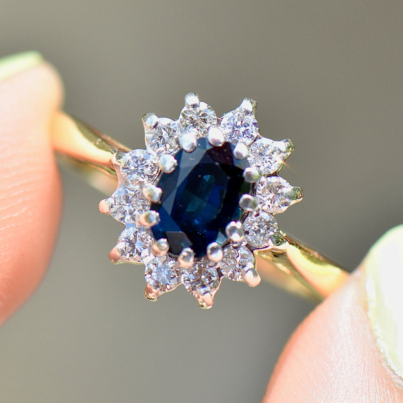 Vintage 1990s Sapphire and Diamond 18ct Yellow Gold Halo Ring (1.24cts)